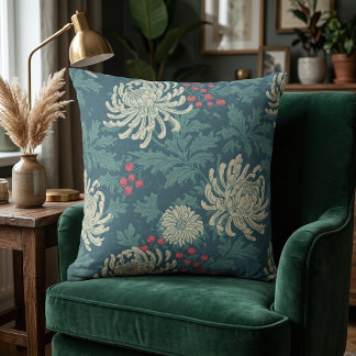 Cojín Decorativo Patrón floral de crisantemo azul verdoso vintage