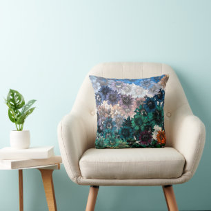 COJÍN DECORATIVO PATRÓN FLORAL DE CRISANTEMO AZUL Y VERDE TEJIDO