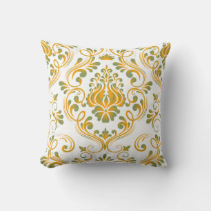 Cojín Decorativo Patrón floral de Damasco verde y Naranja sabio