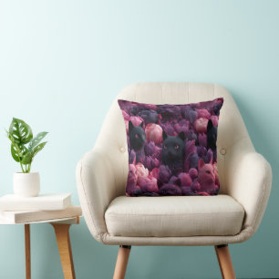 Cojín Decorativo Patrón floral de gato negro surrealista y peonía r