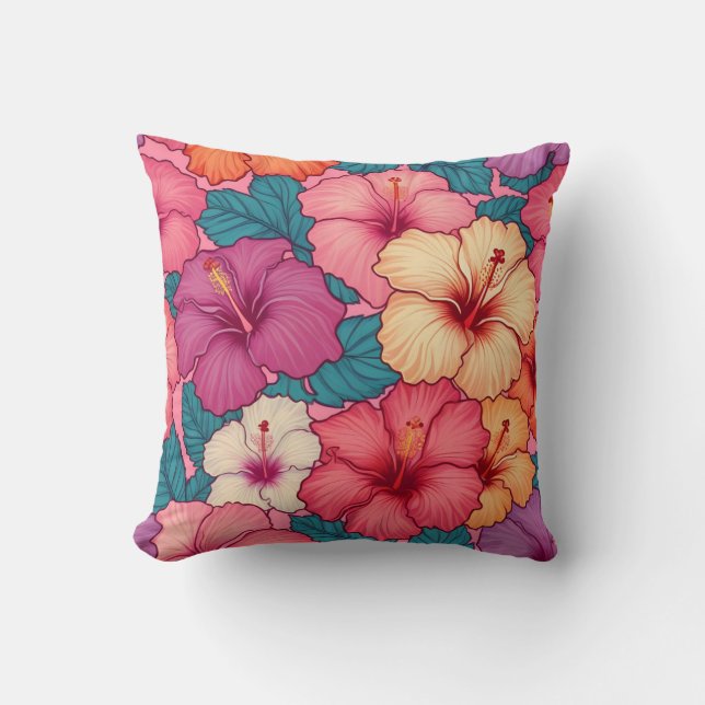 Cojín Decorativo Patrón floral de hibiscos tropicales (Anverso)
