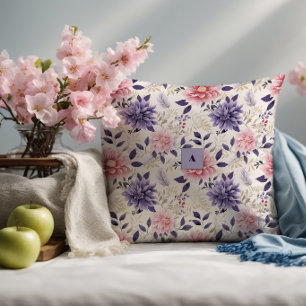 Cojín Decorativo Patrón floral de lavanda con monograma