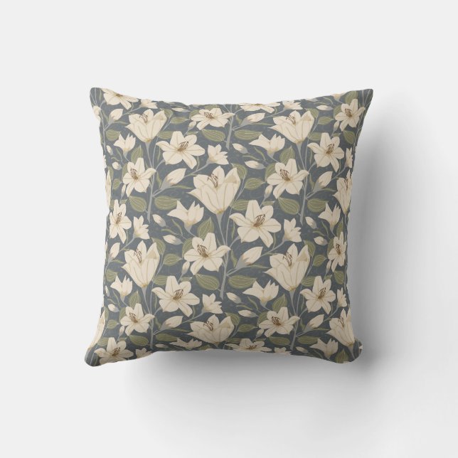 Cojín Decorativo Patrón floral de Lily Beige-Gris Azul Botánico (Reverso)