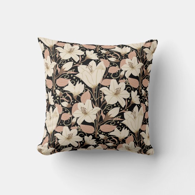 Cojín Decorativo Patrón floral de Lily Beige-Negro Botánico (Anverso)