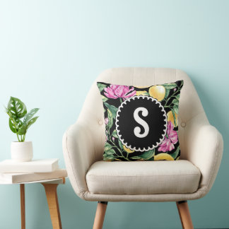 Cojín Decorativo Patrón floral de limón y tulipanes | Monograma de