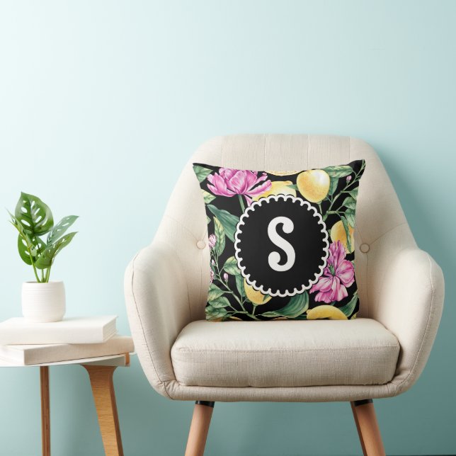 Cojín Decorativo Patrón floral de limón y tulipanes | Monograma de  (Silla)