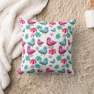 Cojín Decorativo Patrón floral de pato lindo Kawaii rosa y azul