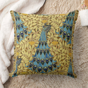 Cojín Decorativo Patrón Floral de Pavo Real Azul Art Nouveau Vintag