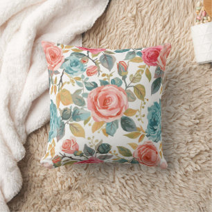 Cojín Decorativo Patrón floral de rosa acuarela coral brillante y a