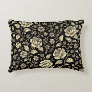 Cojín Decorativo Patrón floral de rosa dorada vintage sobre negro