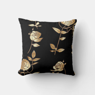 Cojín Decorativo Patrón floral de rosa negra y dorada