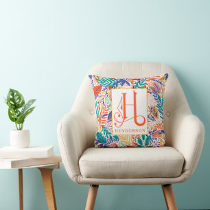 Cojín Decorativo Patrón Floral de Verano Colorido Monograma H