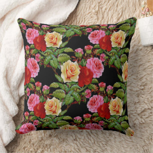 Cojín Decorativo Patrón floral Flores Rosas Rojo Rosa Verde Amarill