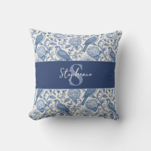 Cojín Decorativo Patrón Floral Francés Monograma Toile de Jouy Azul