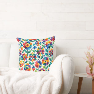 Cojín Decorativo Patrón floral geométrico colorido retro moderno az