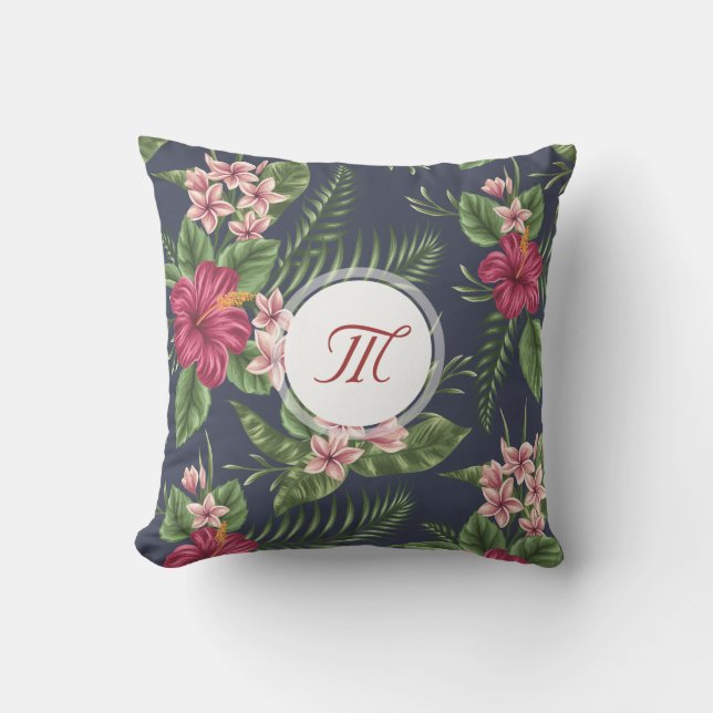 Cojín Decorativo Patrón floral Hibiscus Monograma Pillow (Anverso)