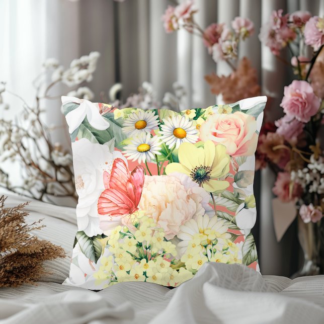 Cojín Decorativo Patrón floral húmedo botánico moderno Salmón rosa (Subido por el creador)