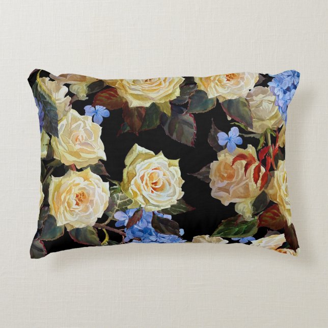 Cojín Decorativo Patrón floral moderno, rosas blancas, hidrangea az (Anverso)