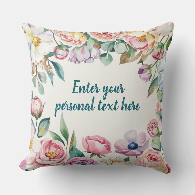 Cojín Decorativo Patrón Floral Pastel - Texto Personalizable (Anverso)