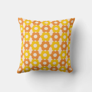 Cojín Decorativo Patrón floral retro de los 60 y 70 naranja y amari