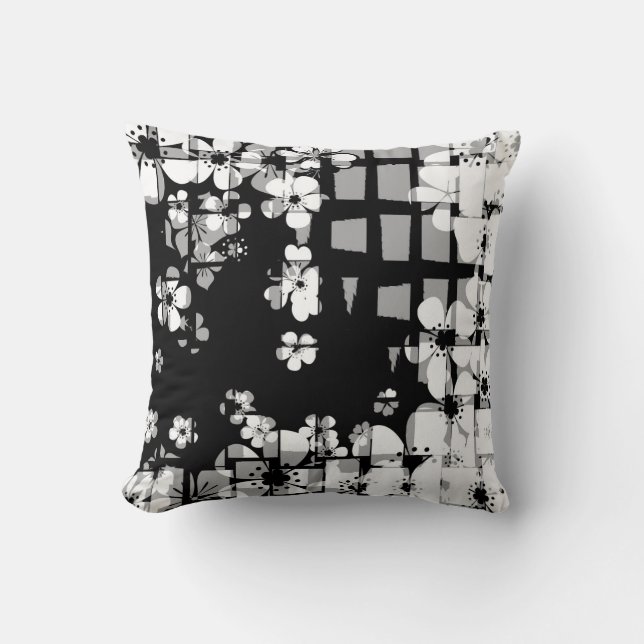 Cojín Decorativo Patrón floral retro negro y blanco (Anverso)