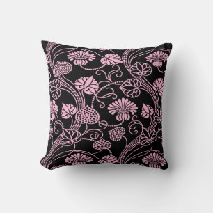 Cojín Decorativo Patrón floral retro rosa sobre negro
