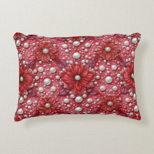 Cojín Decorativo Patrón Floral Rojo Con Acentos De Perla