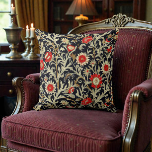 Cojín Decorativo Patrón floral rojo dorado sobre negro de William M