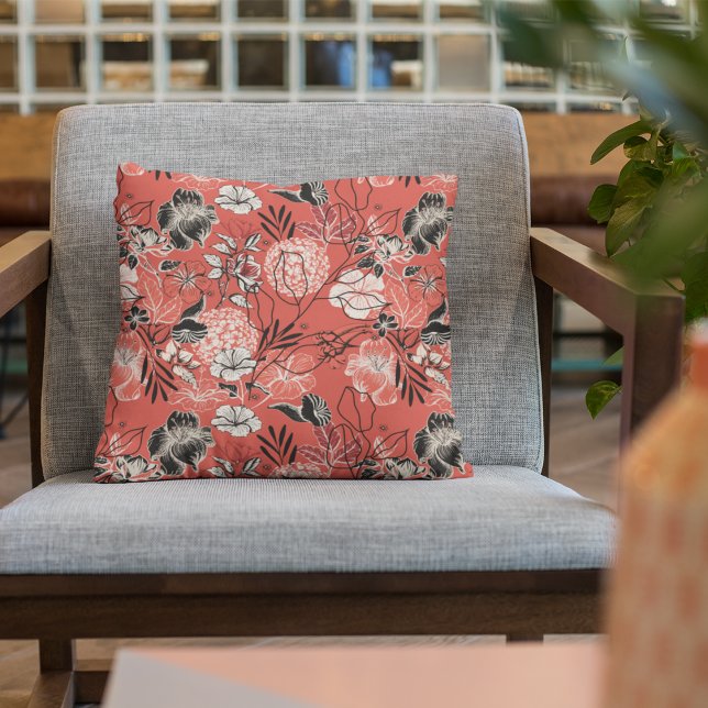 Cojín Decorativo Patrón floral rojo y negro negrita (Pretty and Colorful Modern Hibiscus, Magnolia, Tropical Flower Illustrations on Red Background. )