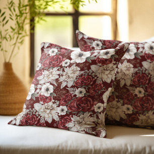 Cojín Decorativo Patrón Floral Rosa Crema Borgoña Rústico