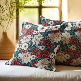 Cojín Decorativo Patrón Floral Rosa de Borgoña Rústico Verde Azulad