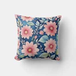 Cojín Decorativo Patrón floral rosa en azul