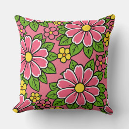 Cojín Decorativo Patrón floral rosa y amarillo con hojas verdes