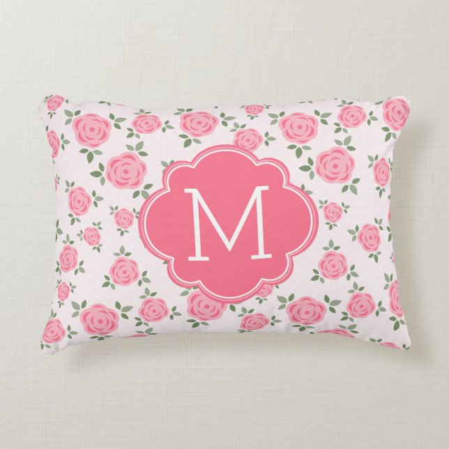 Cojín Decorativo Patrón floral rosado monogramado (Anverso)