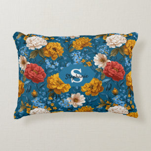 Cojín Decorativo Patrón floral rubio de color vintage en azul