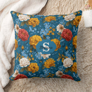 Cojín Decorativo Patrón floral rubio de color vintage en azul