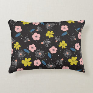 Cojín Decorativo Patrón floral simple de Ilustracion negro y rosa