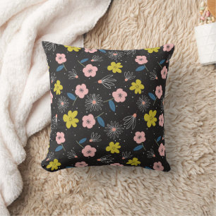 Cojín Decorativo Patrón floral simple de Ilustracion negro y rosa