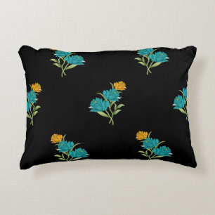 Cojín Decorativo Patrón Floral Turquesa Coral Verde sobre Negro
