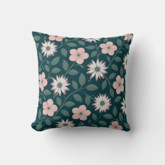 Cojín Decorativo Patrón floral verde oscuro con flor rosa y blanca