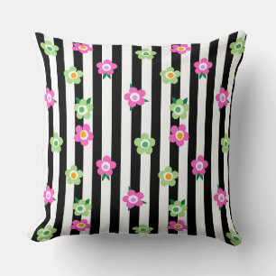 Cojín Decorativo Patrón floral verde rosa sobre negro rayado y blan