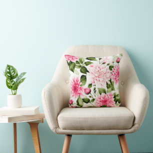 Cojín Decorativo patrón floral vintage de Dahlias rosa