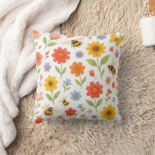 Cojín Decorativo Patrón floral y de abeja naranja rosa amarillo