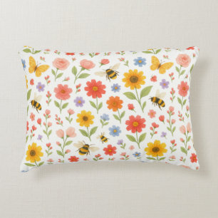 Cojín Decorativo Patrón floral y de abeja rosa naranja amarillo