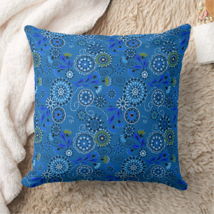 Cojín Decorativo Patrón folclórico étnico tradicional azul brillant