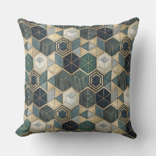Cojín Decorativo Patrón geométrico abstracto azul turquesa y dorado