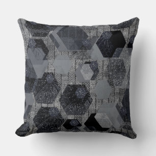 Cojín Decorativo Patrón geométrico abstracto, negro y gris.