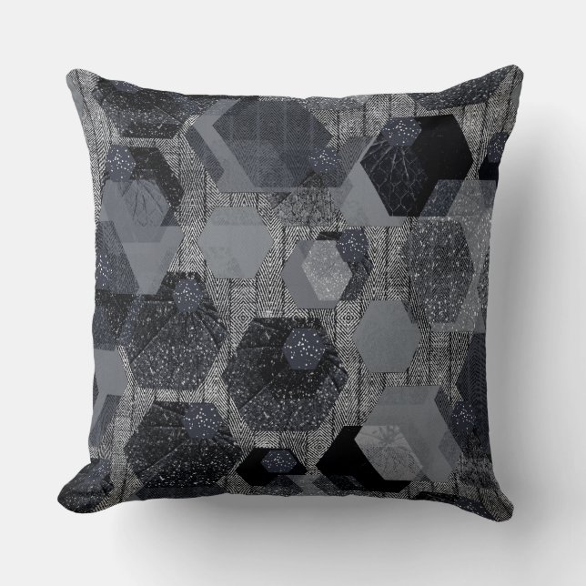 Cojín Decorativo Patrón geométrico abstracto, negro y gris. (Anverso)