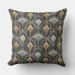 Cojín Decorativo Patrón geométrico Art Déco de carbón negro y dorad