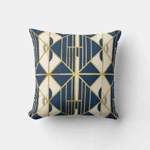 Cojín Decorativo Patrón geométrico Art Déco en azul marino y dorado